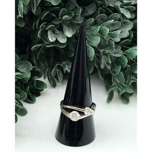 Vintage Sterling Silver Open Band Ring With Two Round Cubic Zirconia Stones In E